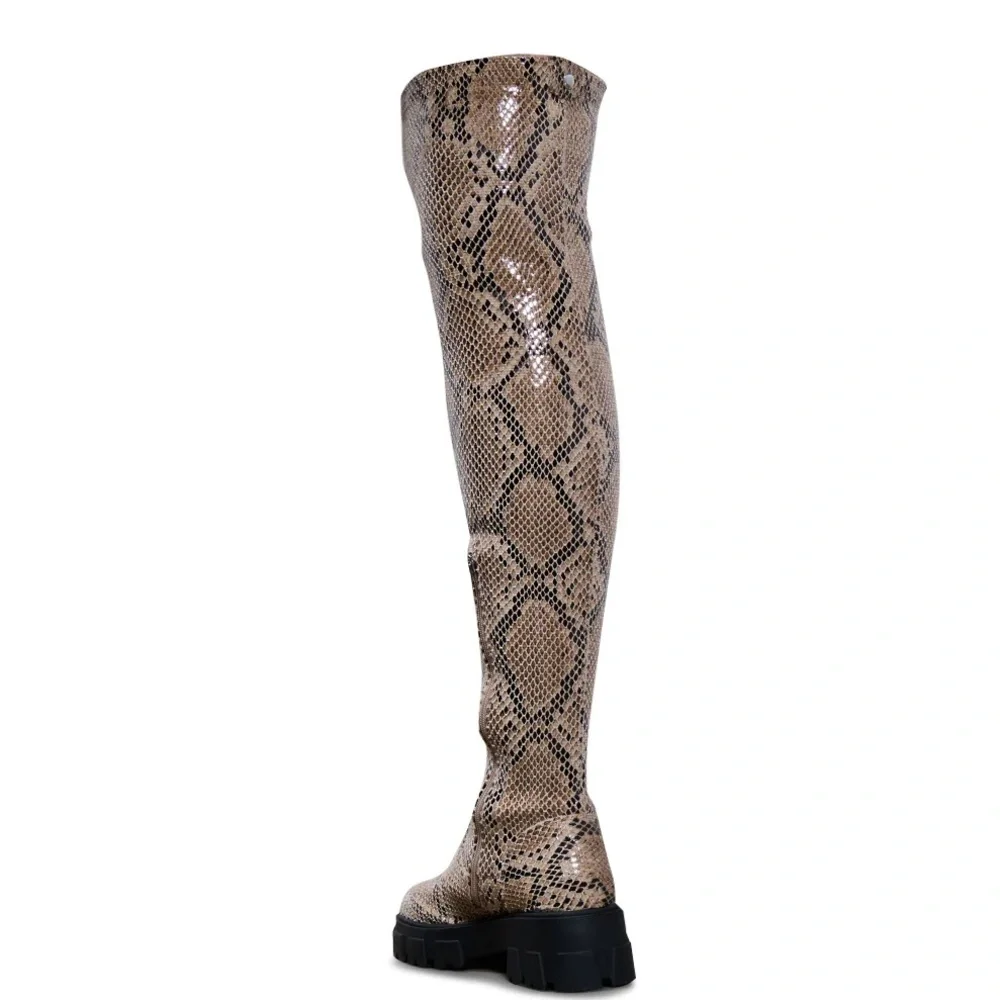 AZALEA WANG Brown Snake Print Thigh High Boots